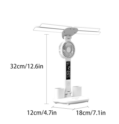 4-Arm Foldable LED Desk Lamp with Built-in Fan, Digital Clock, Temp Display & Dual Pen Holders - 3-Color V1107-CS-CTXXZDD
