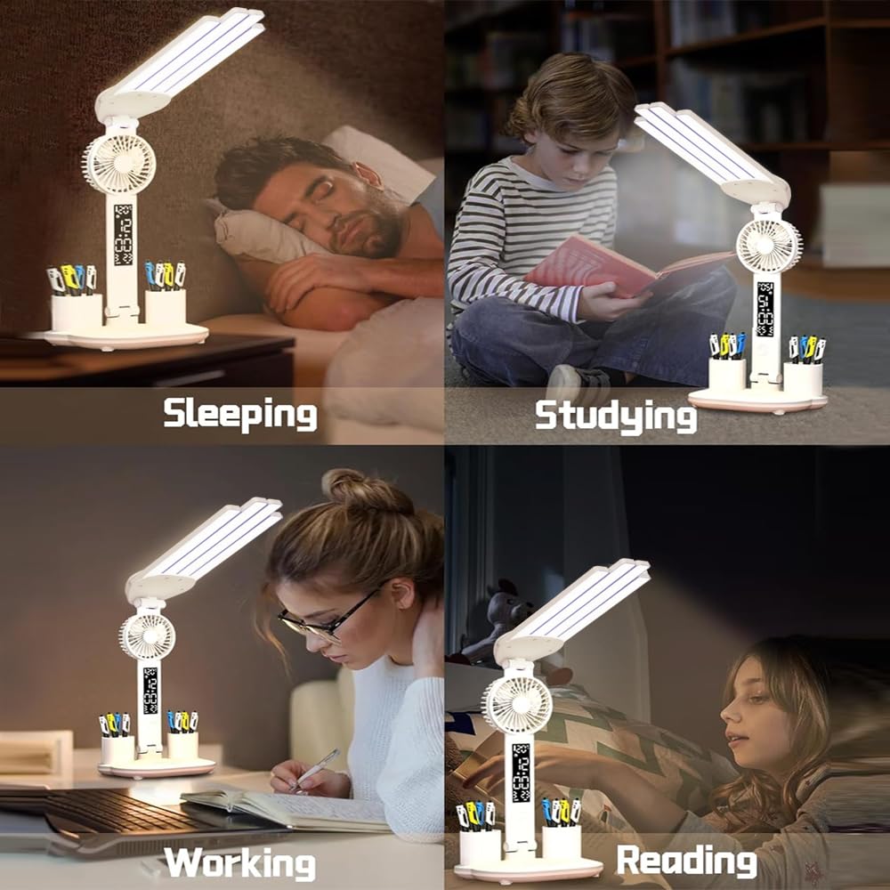 4-Arm Foldable LED Desk Lamp with Built-in Fan, Digital Clock, Temp Display & Dual Pen Holders - 3-Color V1107-CS-CTXXZDD