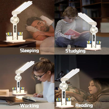 4-Arm Foldable LED Desk Lamp with Built-in Fan, Digital Clock, Temp Display & Dual Pen Holders - 3-Color V1107-CS-CTXXZDD
