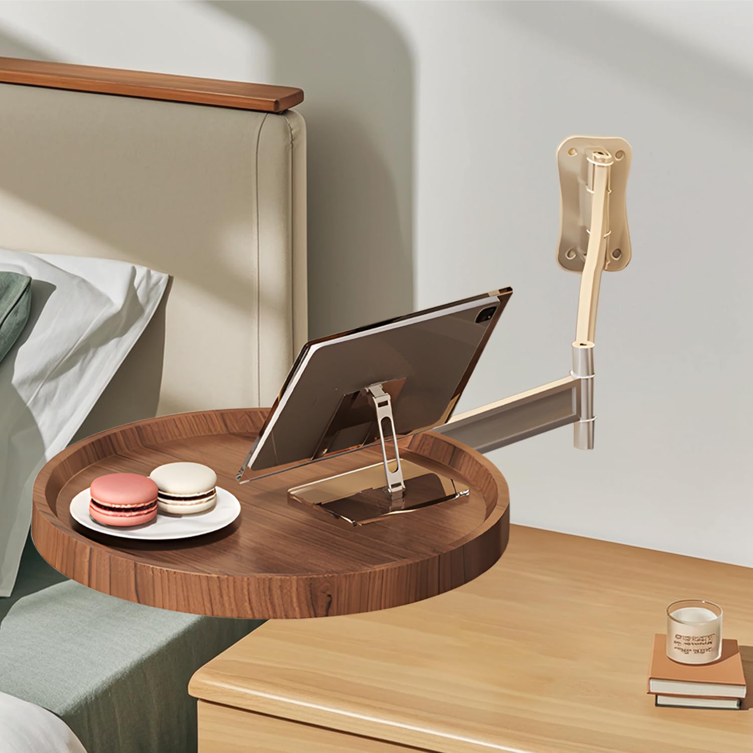 Wall-Mounted Foldable Round Table - Telescopic Adjustable Bedside Desk with Aluminum Alloy Support, Multi-Use V1107-CS-CTZWJH