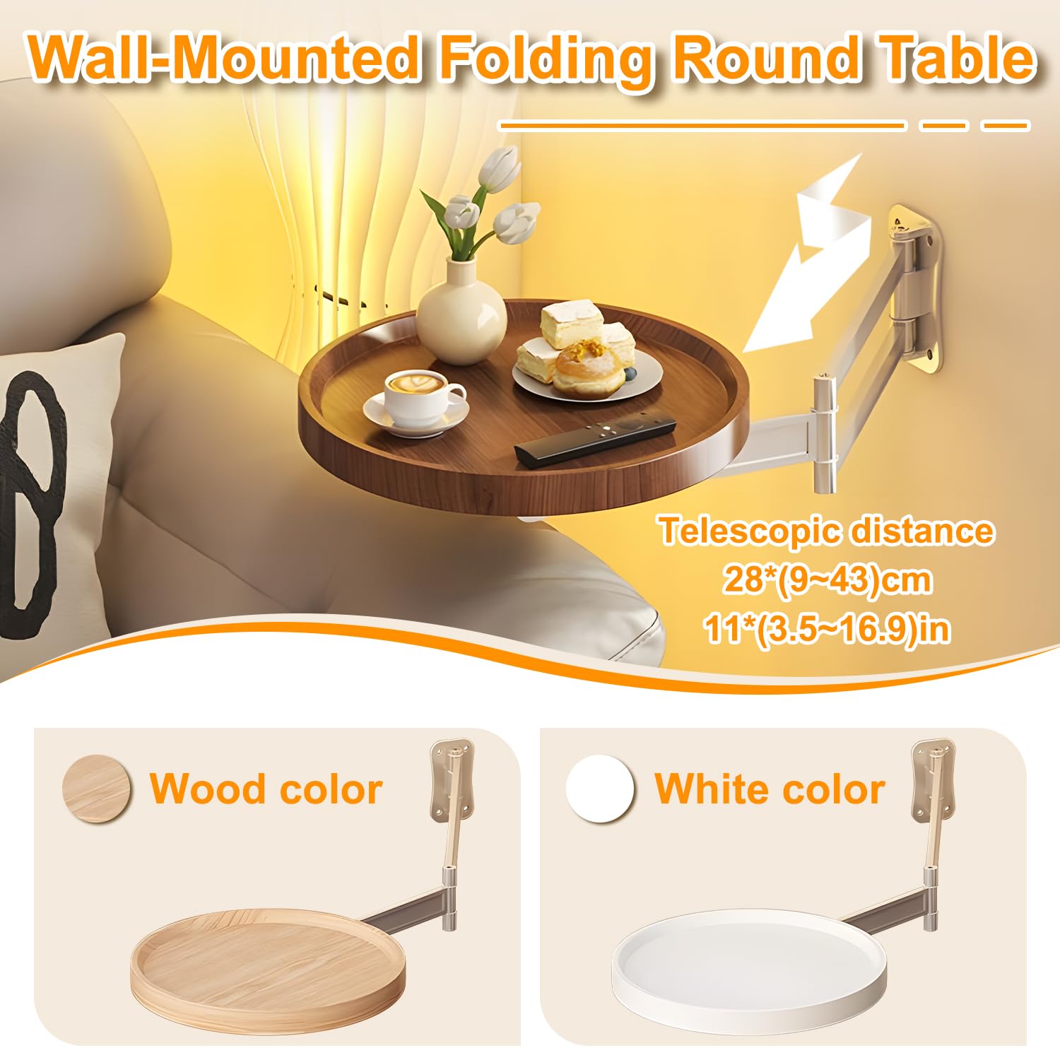 Wall-Mounted Foldable Round Table - Telescopic Adjustable Bedside Desk with Aluminum Alloy Support, Multi-Use V1107-CS-CTZWJH