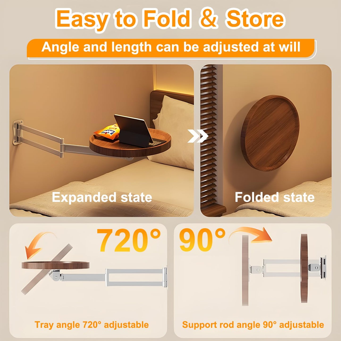 Wall-Mounted Foldable Round Table - Telescopic Adjustable Bedside Desk with Aluminum Alloy Support, Multi-Use V1107-CS-CTZWJH