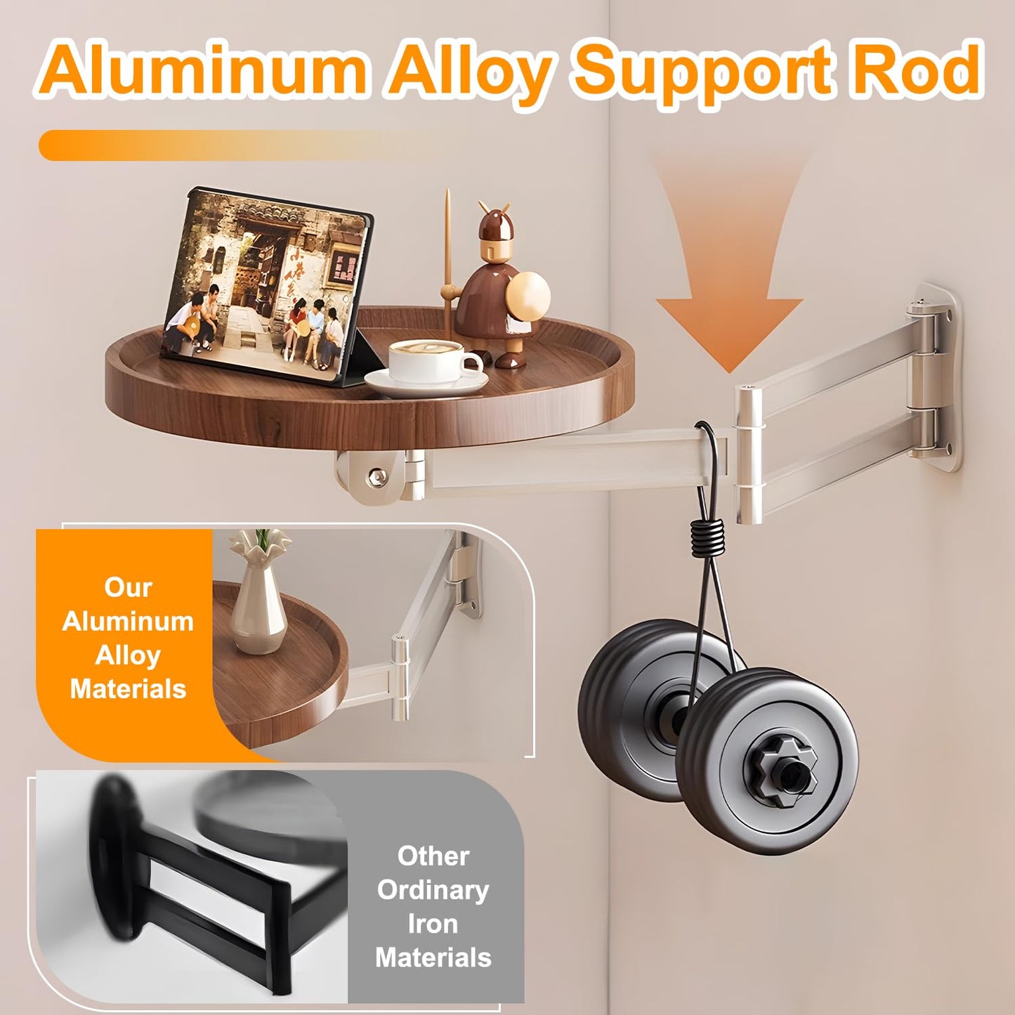 Wall-Mounted Foldable Round Table - Telescopic Adjustable Bedside Desk with Aluminum Alloy Support, Multi-Use V1107-CS-CTZWJH