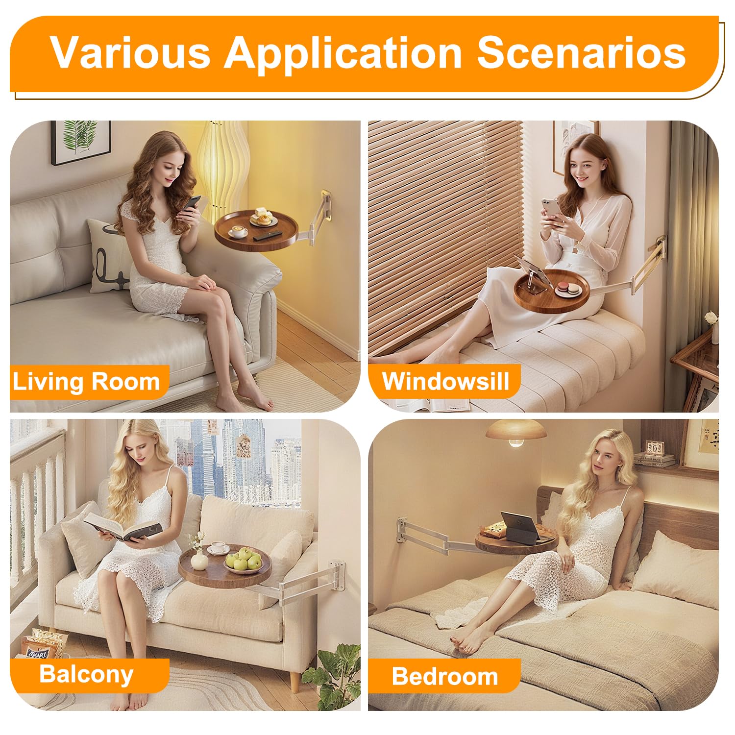 Wall-Mounted Foldable Round Table - Telescopic Adjustable Bedside Desk with Aluminum Alloy Support, Multi-Use V1107-CS-CTZWJY