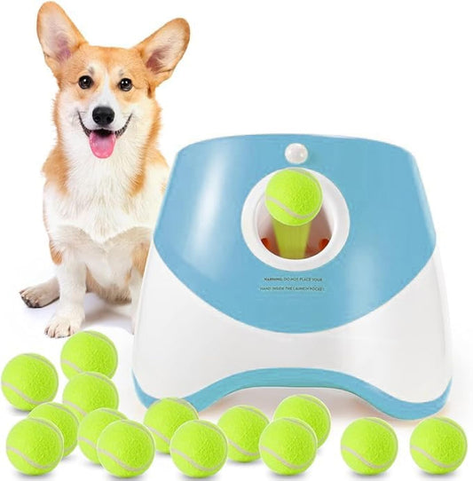 Automatic Dog Ball Launcher with 15 Mini Tennis Balls & Mesh Bag - Rechargeable Pet Toy for Small Dogs, V1107-CS-CWGPQQL