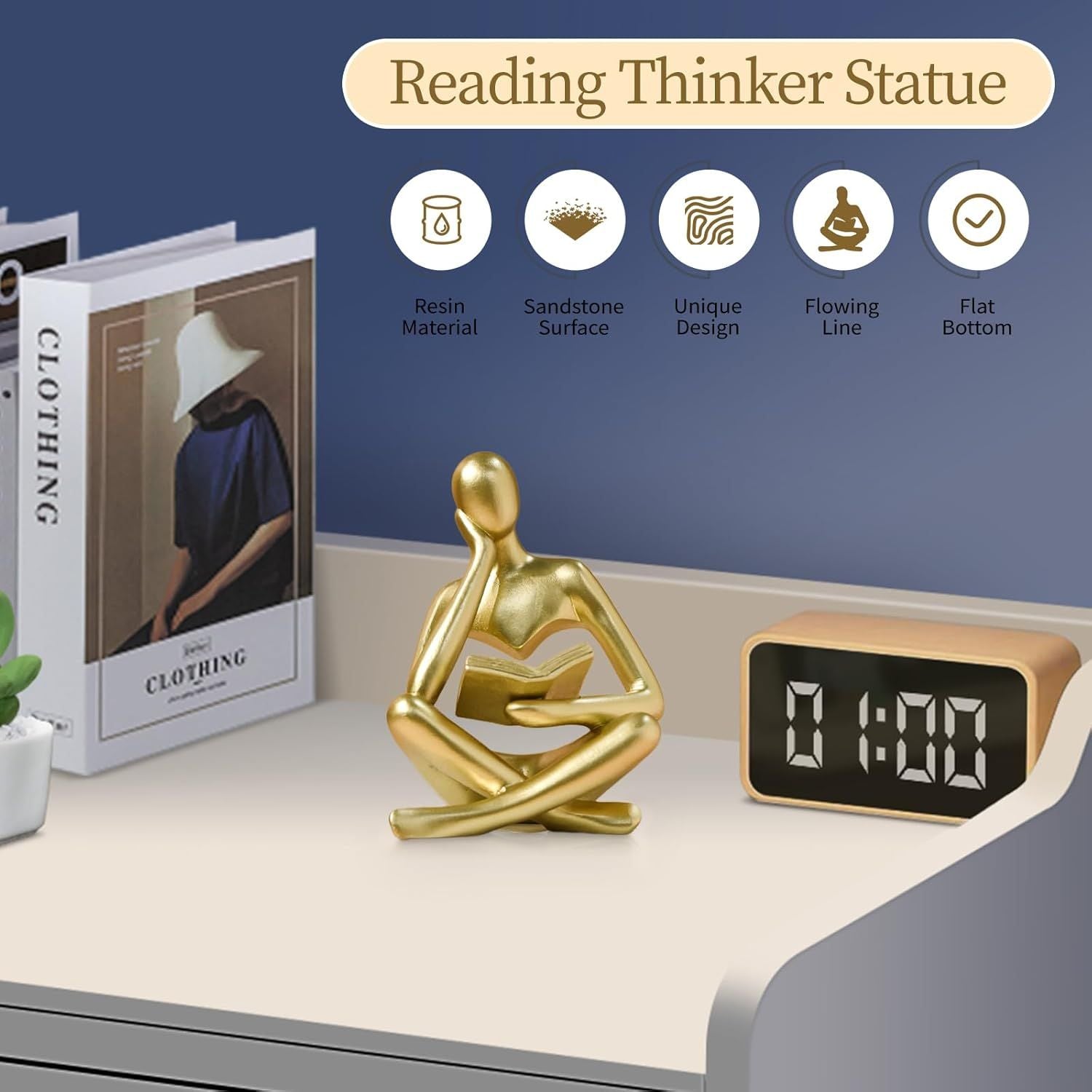 Abstract Reading Thinker Statue for Home Decor, Modern Resin Sculpture Figurine for Bookshelf, Desk & Living V1107-CS-CXGYPBJJ