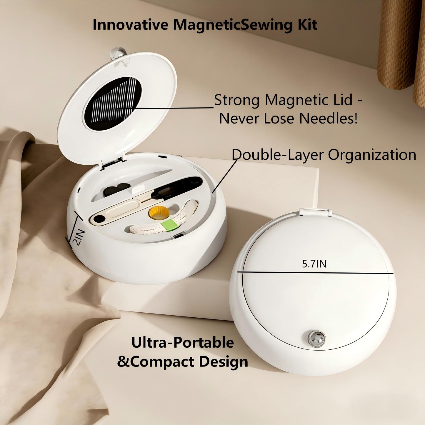 Modern Magnetic Sewing Kit - Compact Travel Sewing Box with Strong Magnetic Lid, 16-Thread Spools & Tools, V1107-CS-CXZXHB