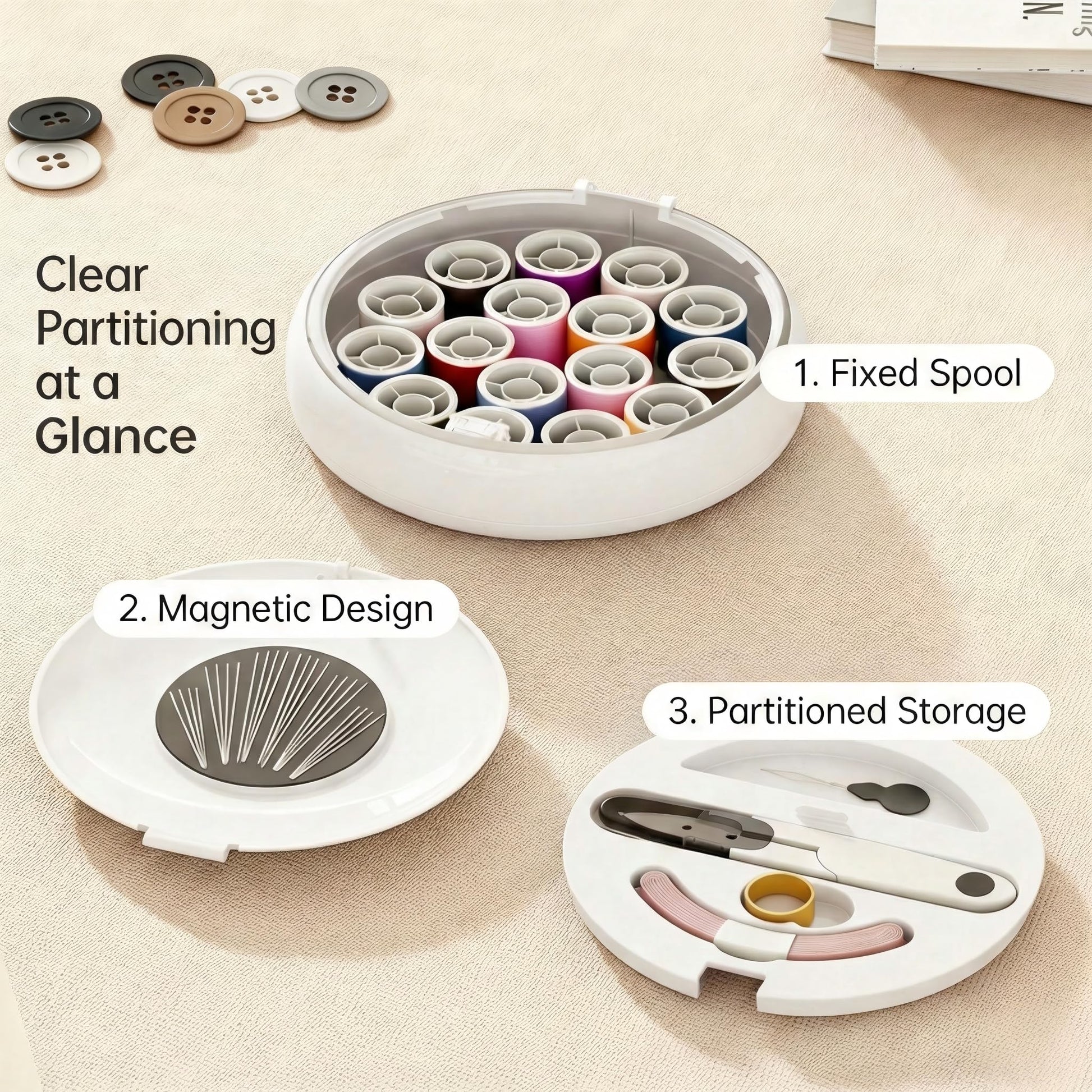 Modern Magnetic Sewing Kit - Compact Travel Sewing Box with Strong Magnetic Lid, 16-Thread Spools & Tools, V1107-CS-CXZXHB