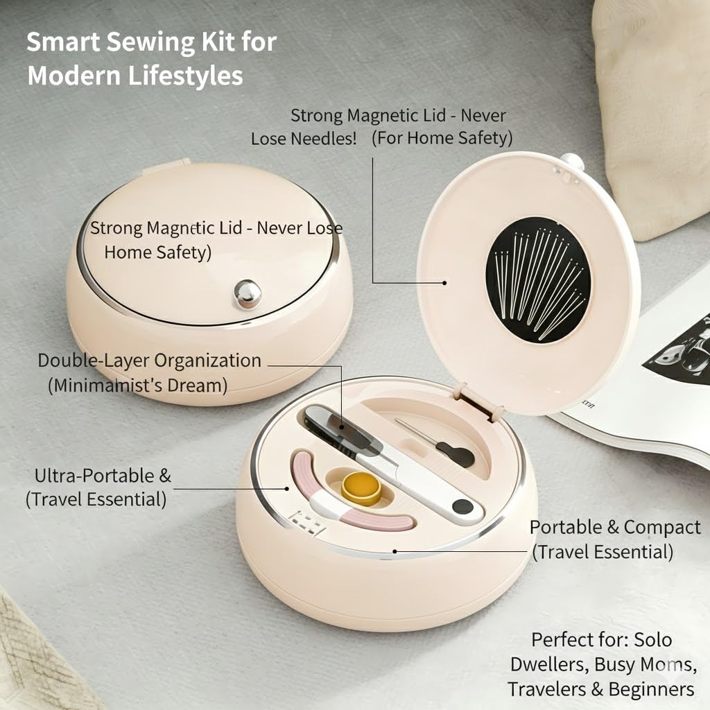 Modern Magnetic Sewing Kit - Compact Travel Sewing Box with Strong Magnetic Lid, 16-Thread Spools & Tools, V1107-CS-CXZXHMB