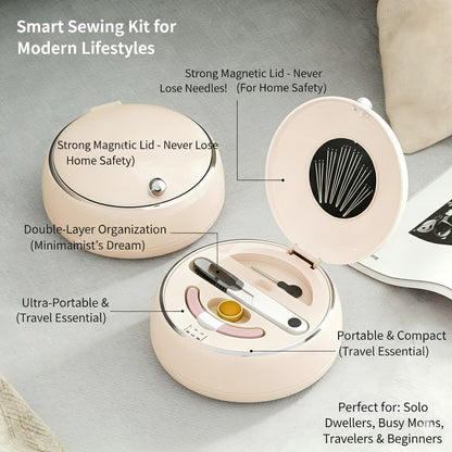 Modern Magnetic Sewing Kit - Compact Travel Sewing Box with Strong Magnetic Lid, 16-Thread Spools & Tools, V1107-CS-CXZXHMB