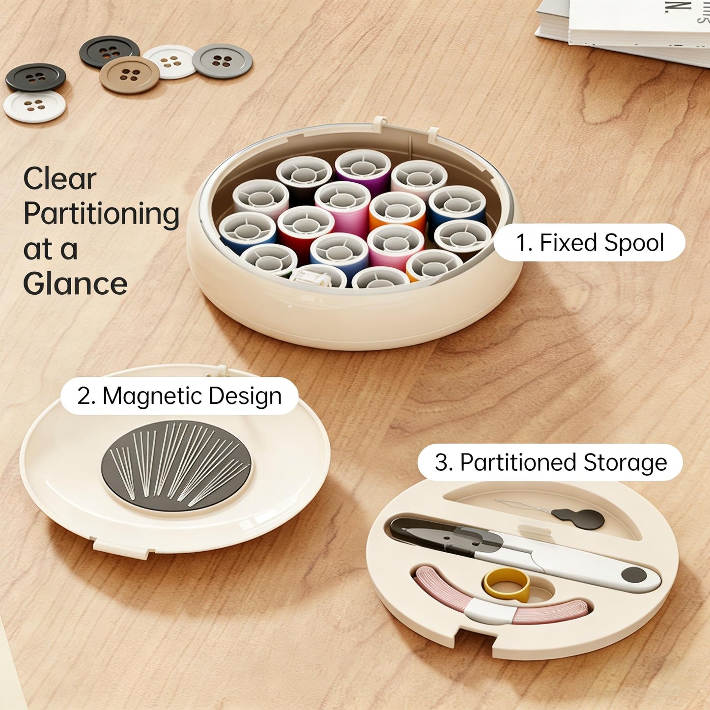 Modern Magnetic Sewing Kit - Compact Travel Sewing Box with Strong Magnetic Lid, 16-Thread Spools & Tools, V1107-CS-CXZXHMB