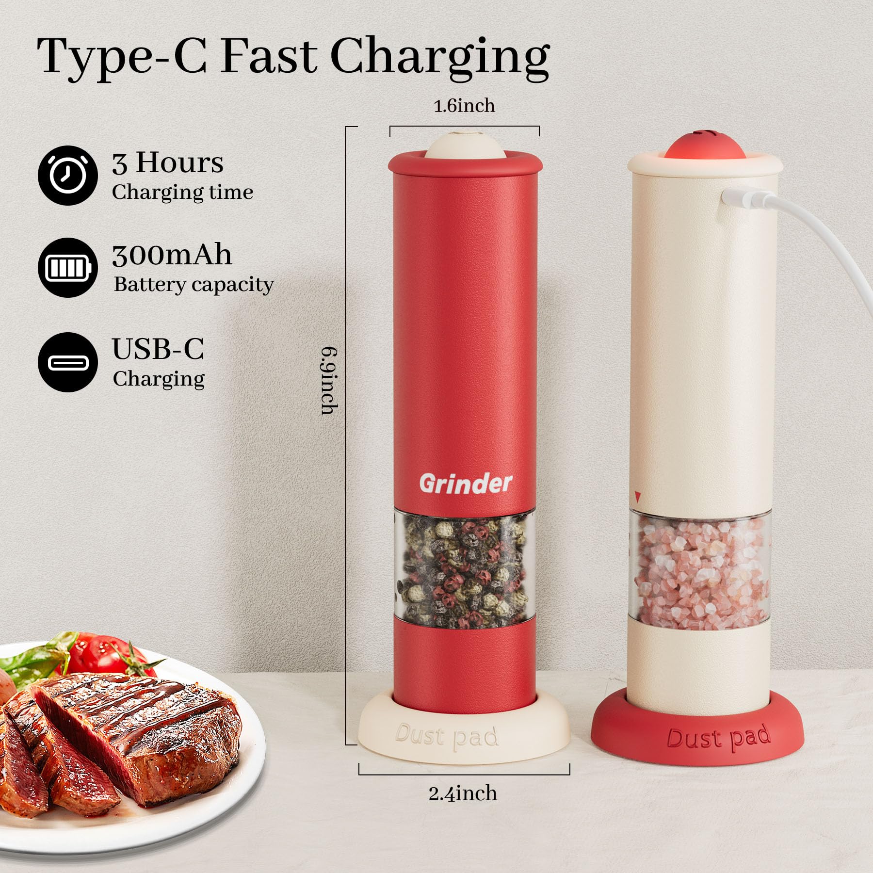 High-Performance USB-C Electric Pepper & Salt Grinder Set - Adjustable Coarseness, One-Touch Operation - V1107-CS-DDHJYMQ