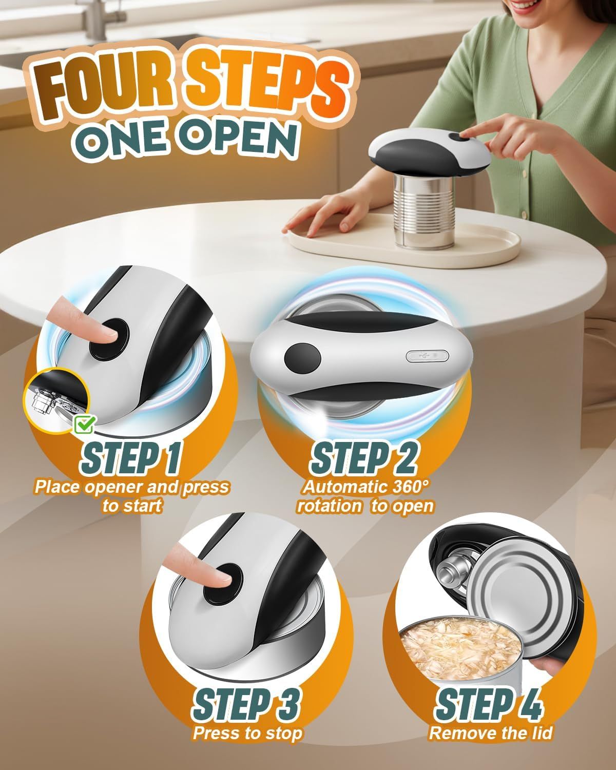 One-Touch Electric Can Opener with Smooth Edge & Magnetic Lid, USB Rechargeable for Seniors & Arthritis V1107-CS-DDKPQD