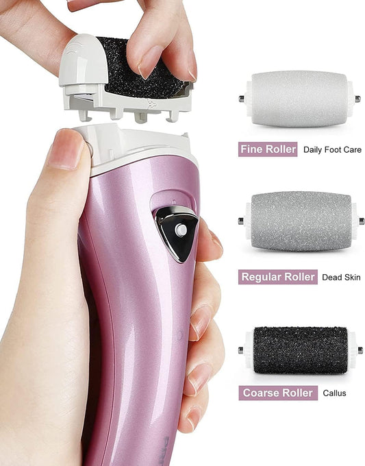 Electric Foot File Rechargeable Pedicure Tool - 3 Interchangeable Rollers (Fine, Regular, Coarse), IPX6 V1107-CS-DDMJQ