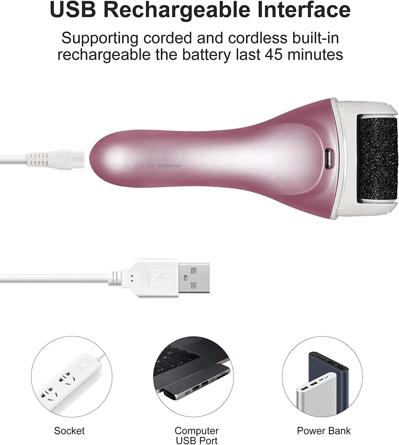 Electric Foot File Rechargeable Pedicure Tool - 3 Interchangeable Rollers (Fine, Regular, Coarse), IPX6 V1107-CS-DDMJQ