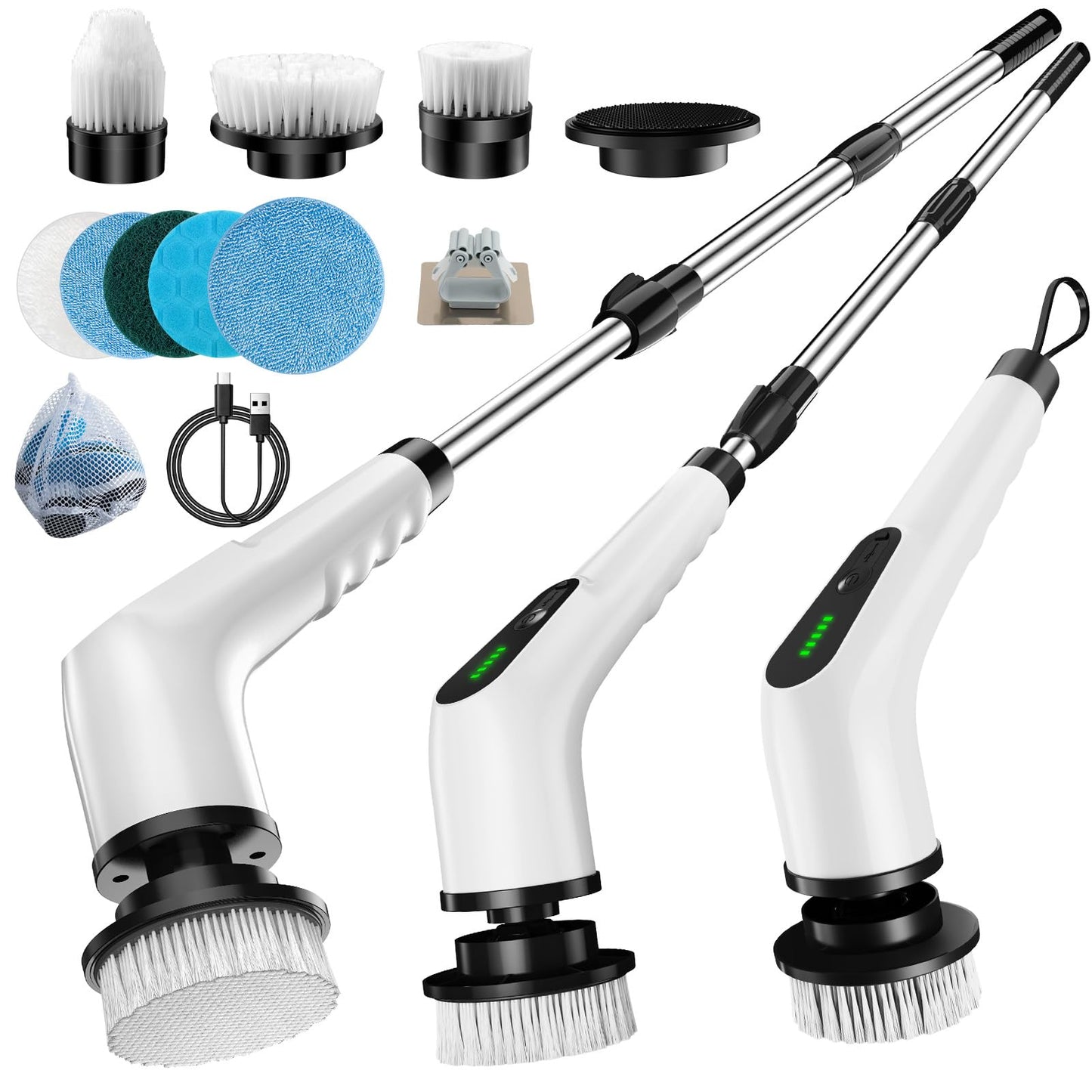 Wireless Electric Cleaning Brush with 8 Replaceable Heads - Adjustable Extendable Handle for Bathroom, V1107-CS-DDQJS