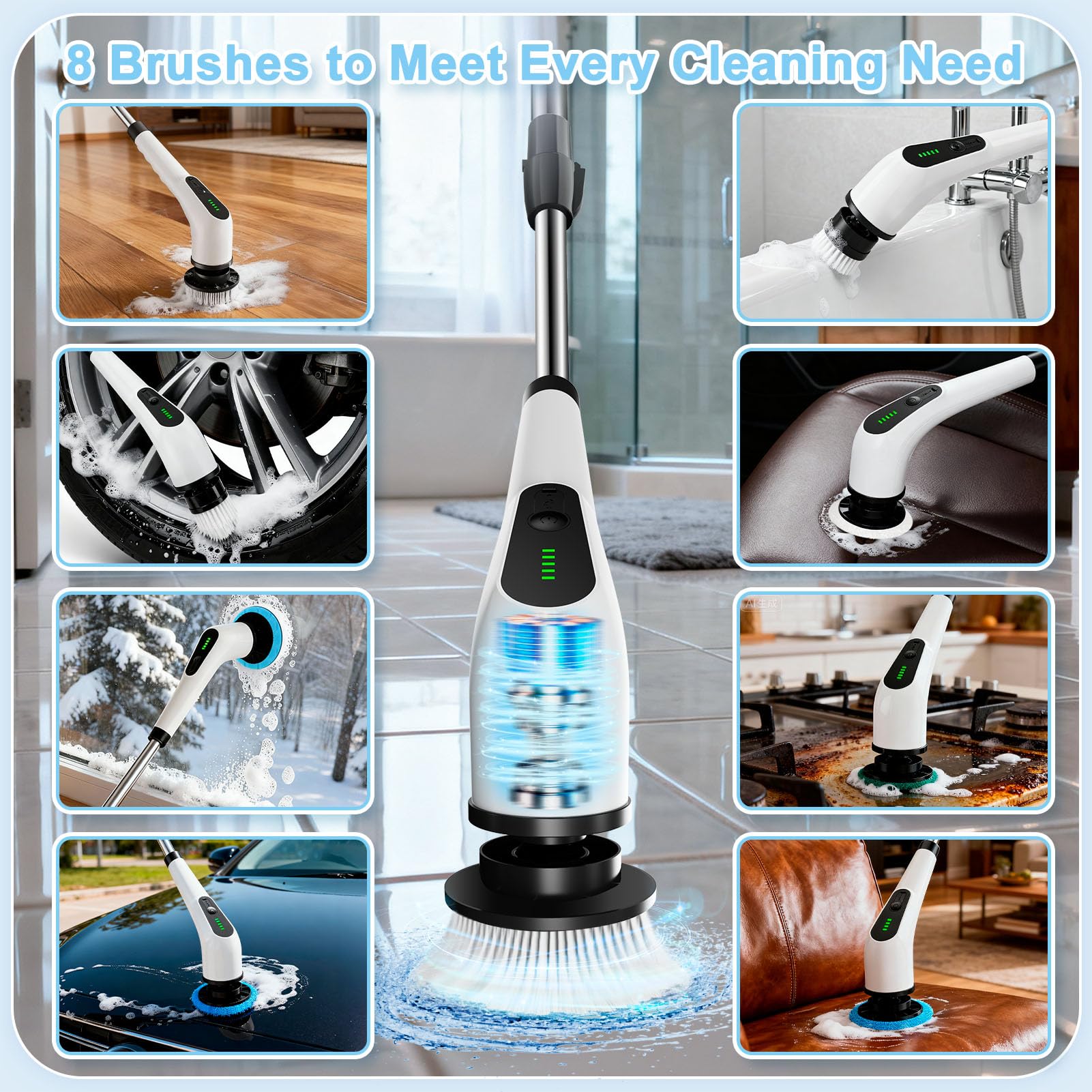 Wireless Electric Cleaning Brush with 8 Replaceable Heads - Adjustable Extendable Handle for Bathroom, V1107-CS-DDQJS