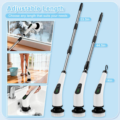Wireless Electric Cleaning Brush with 8 Replaceable Heads - Adjustable Extendable Handle for Bathroom, V1107-CS-DDQJS