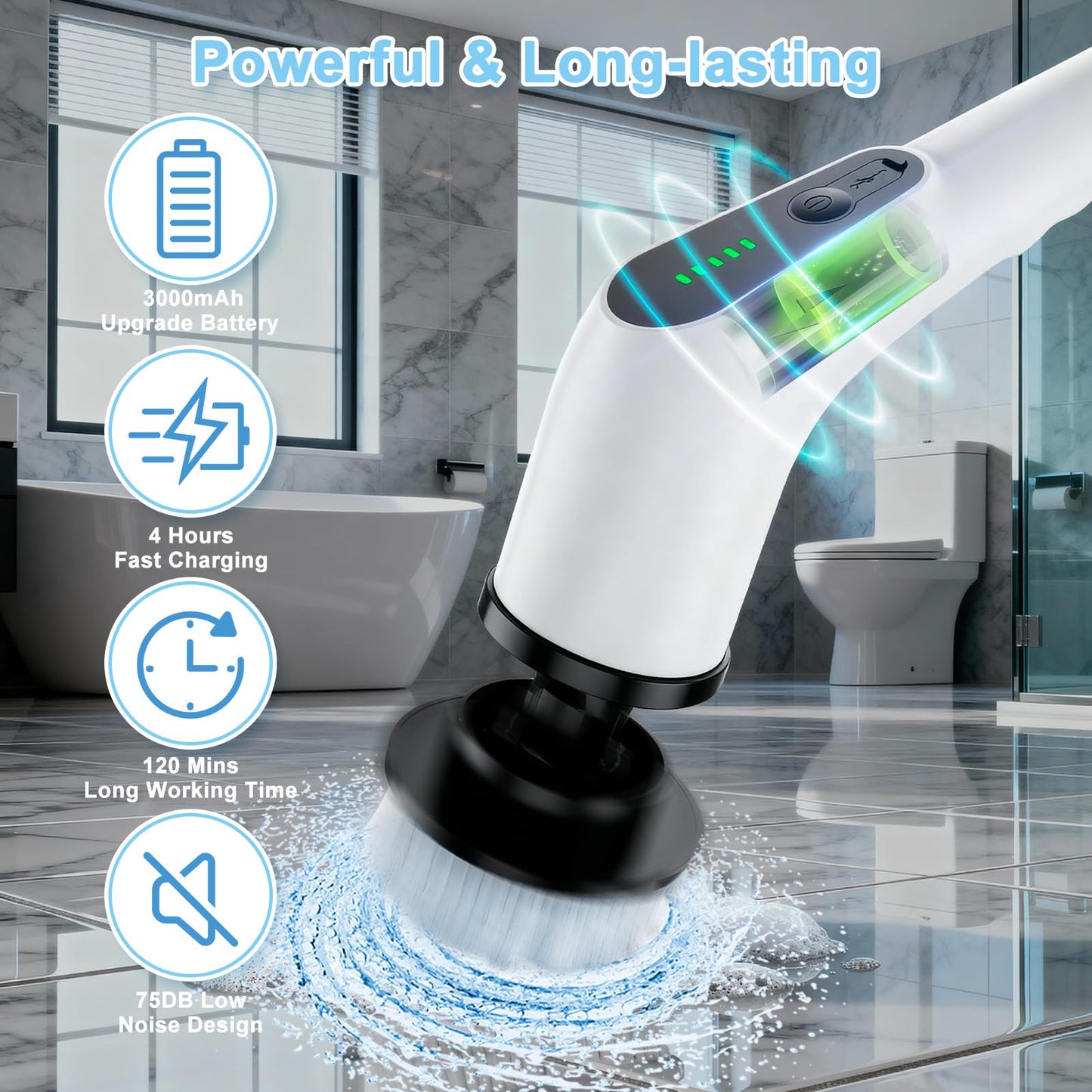 Wireless Electric Cleaning Brush with 8 Replaceable Heads - Adjustable Extendable Handle for Bathroom, V1107-CS-DDQJS