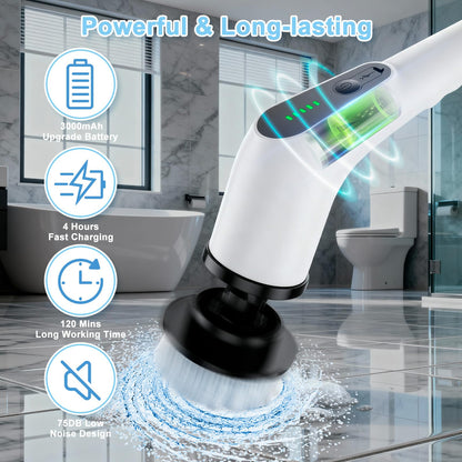 Wireless Electric Cleaning Brush with 8 Replaceable Heads - Adjustable Extendable Handle for Bathroom, V1107-CS-DDQJS