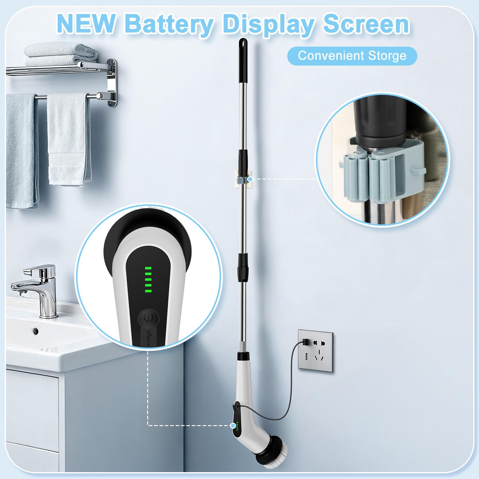Wireless Electric Cleaning Brush with 8 Replaceable Heads - Adjustable Extendable Handle for Bathroom, V1107-CS-DDQJS