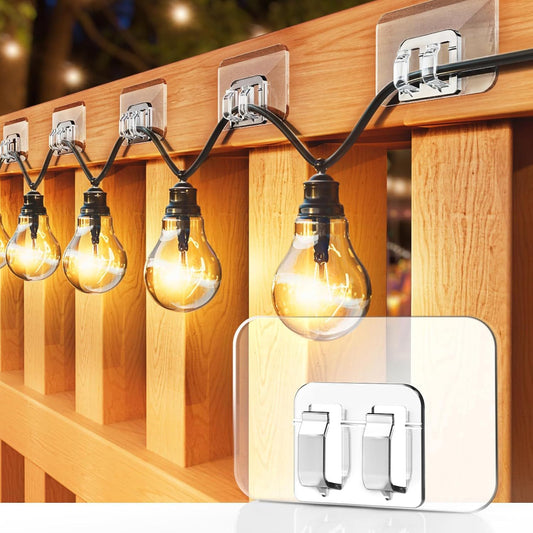 100PCS Heavy Duty Clear Adhesive Hooks for Outdoor String Lights, Cable Management Clips, Waterproof & V1107-CS-DSGG
