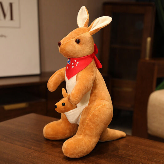 Kangaroo Stuffed Animal with Joey in Pouch & Australia Scarf - Soft Cuddly Plush Toy(32cm,light brown )| V1107-CS-DSGZQZ-32