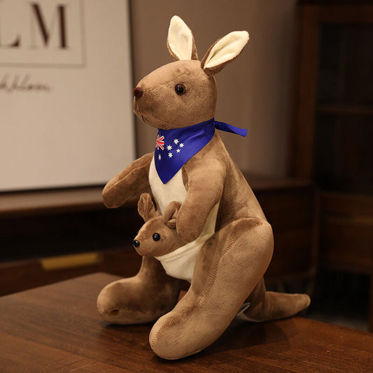 Kangaroo Stuffed Animal with Joey in Pouch & Australia Scarf - Soft Cuddly Plush Toy(45cm, Dark brown )| V1107-CS-DSGZSZ-45