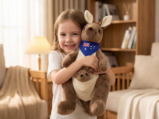 Kangaroo Stuffed Animal with Joey in Pouch & Australia Scarf - Soft Cuddly Plush Toy(45cm, Dark brown )| V1107-CS-DSGZSZ-45