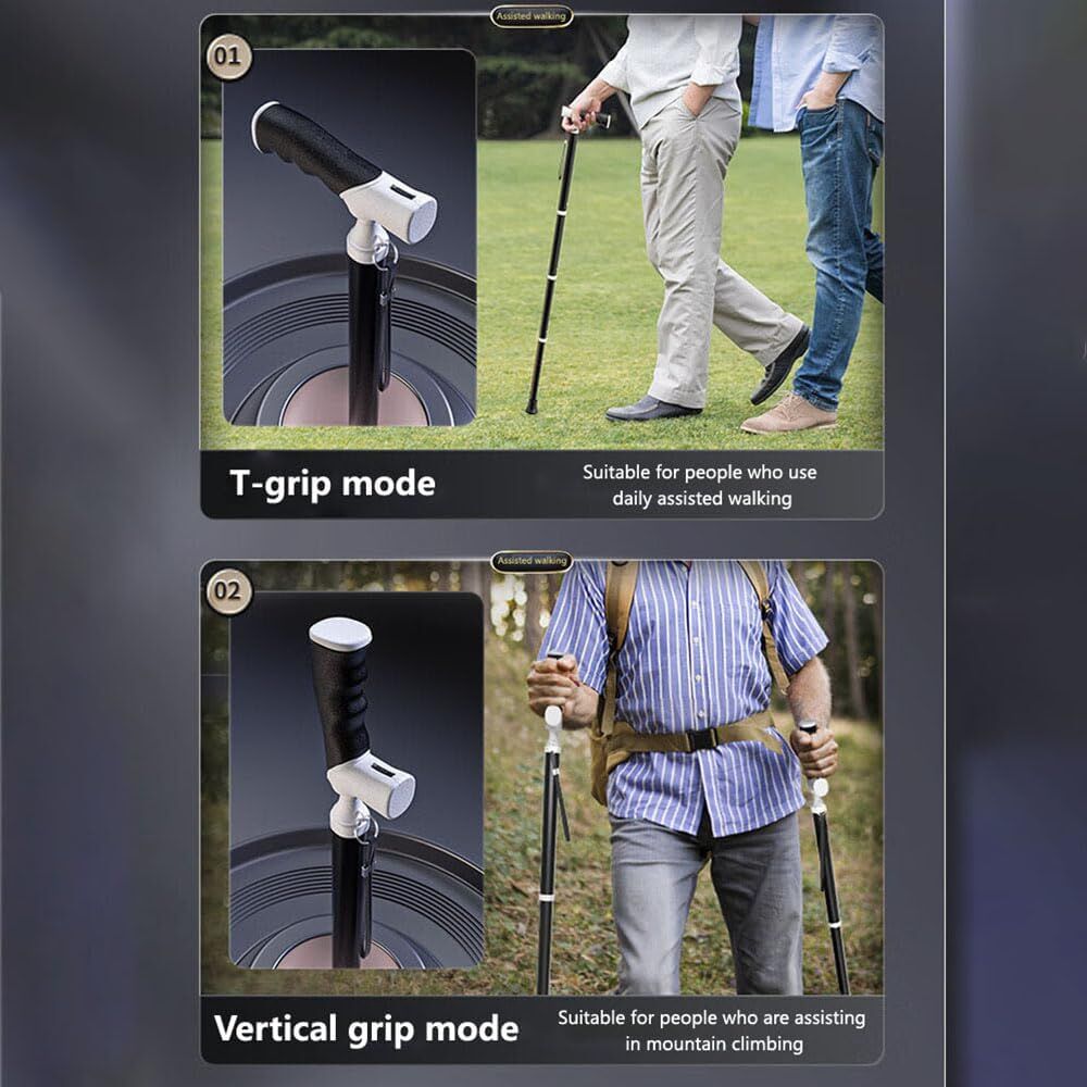 Lightweight Foldable Walking Cane: Adjustable Dual-Mode (T/Grip) Stick - 0.26kg, Portable for Daily/Hiking Use V1107-CS-DSZ