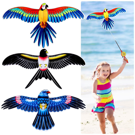 Kids' Mini Fishing-Rod Kite Set - 3-Pack Bird Designs, Easy-Grip Reel Handle, Adjustable Line, Lightweight & V1107-CS-DTYGFZN
