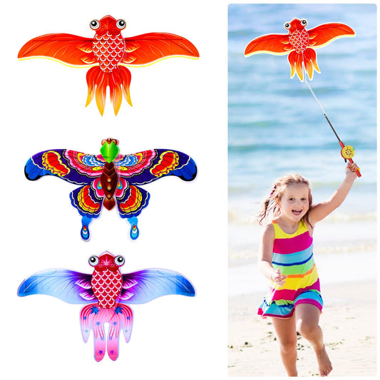 Kids' Mini Fishing-Rod Kite Set - 3-Pack Fish Designs, Easy-Grip Reel Handle, Adjustable Line, Lightweight & V1107-CS-DTYGFZY