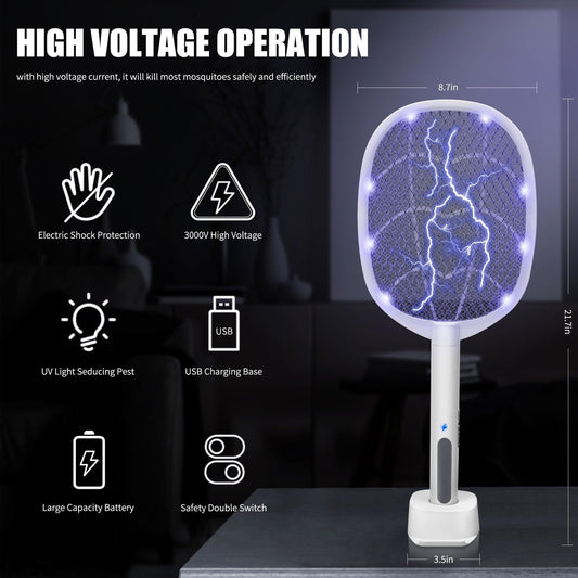 Dual-Mode UV Electric Mosquito Swatter with LED Attraction & 3000V Zapper - Rechargeable Bug Killer for V1107-CS-DWP