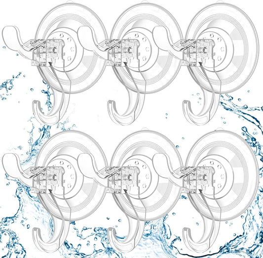 6-Pack Clear Suction Cup Hooks with Dual Hooks & Locking Lever-Reusable, Tool-Free Hanging for Glass, V1107-CS-DXLXPGG