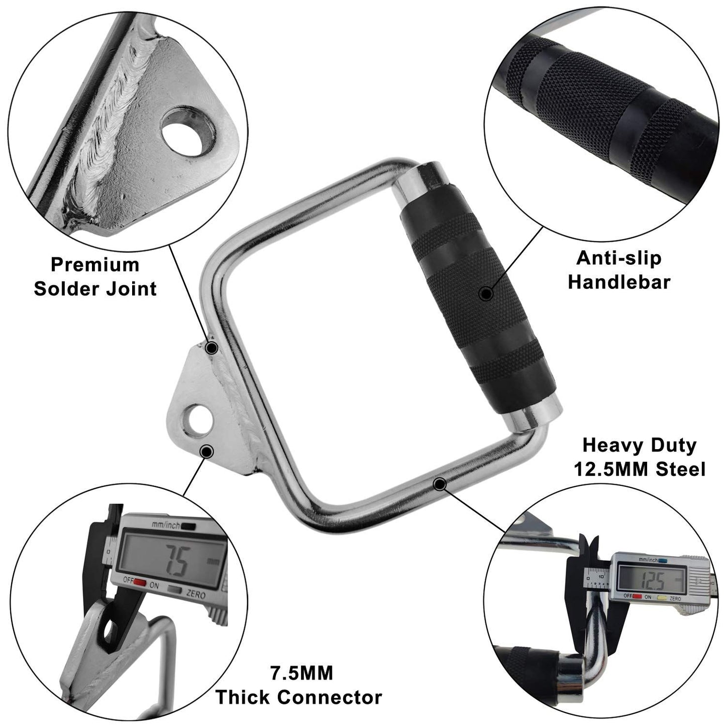 Solid D-Handle Cable Attachment for Home Gym & Cable Machine - Chrome-Finished Steel Bar with Anti-Slip Grip V1107-CS-DXSB