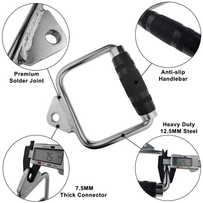 Solid D-Handle Cable Attachment for Home Gym & Cable Machine - Chrome-Finished Steel Bar with Anti-Slip Grip V1107-CS-DXSB
