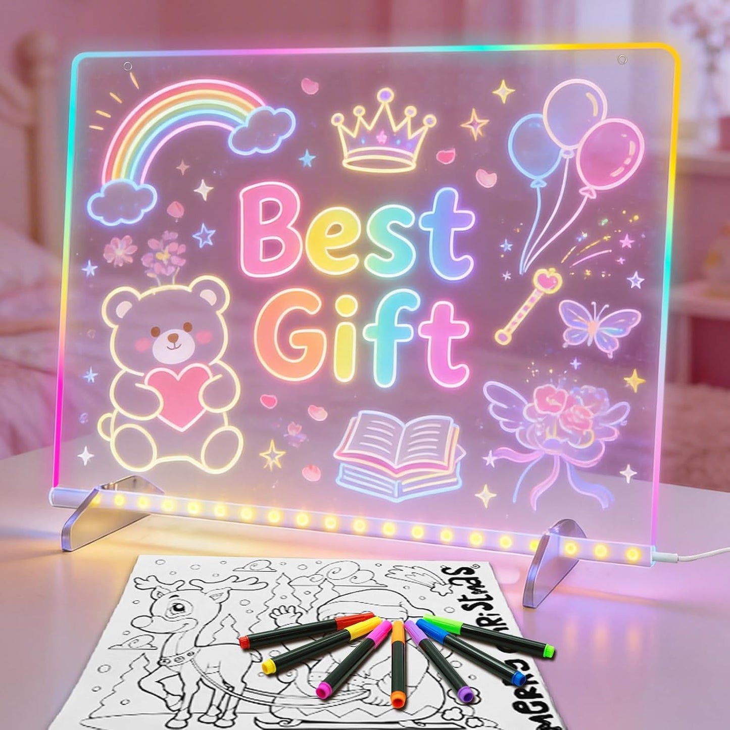 LED Light Up Drawing Board with 7 Highlight Markers & Stand, Erasable Acrylic Message Board for Kids Art, V1107-CS-ETSGFGB