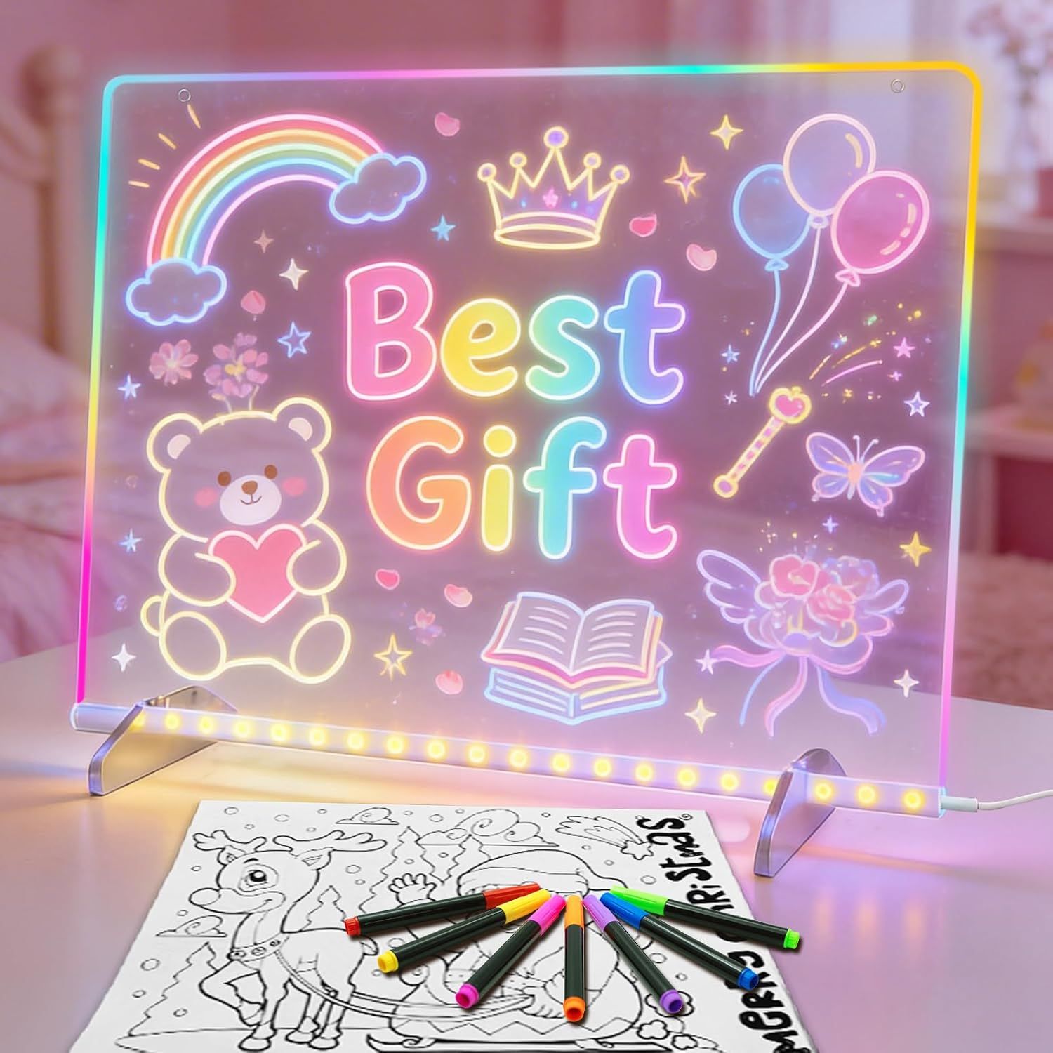 LED Light Up Drawing Board with 7 Highlight Markers & Stand, Erasable Acrylic Message Board for Kids Art, V1107-CS-ETSGFGB