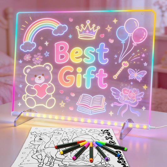 LED Light Up Drawing Board with 7 Highlight Markers & Stand, Erasable Acrylic Message Board for Kids Art, V1107-CS-ETSGFGB