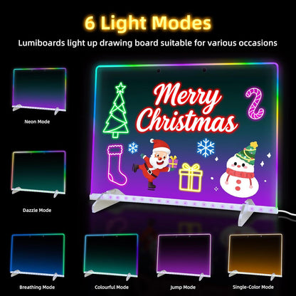 LED Light Up Drawing Board with 7 Highlight Markers & Stand, Erasable Acrylic Message Board for Kids Art, V1107-CS-ETSGFGB