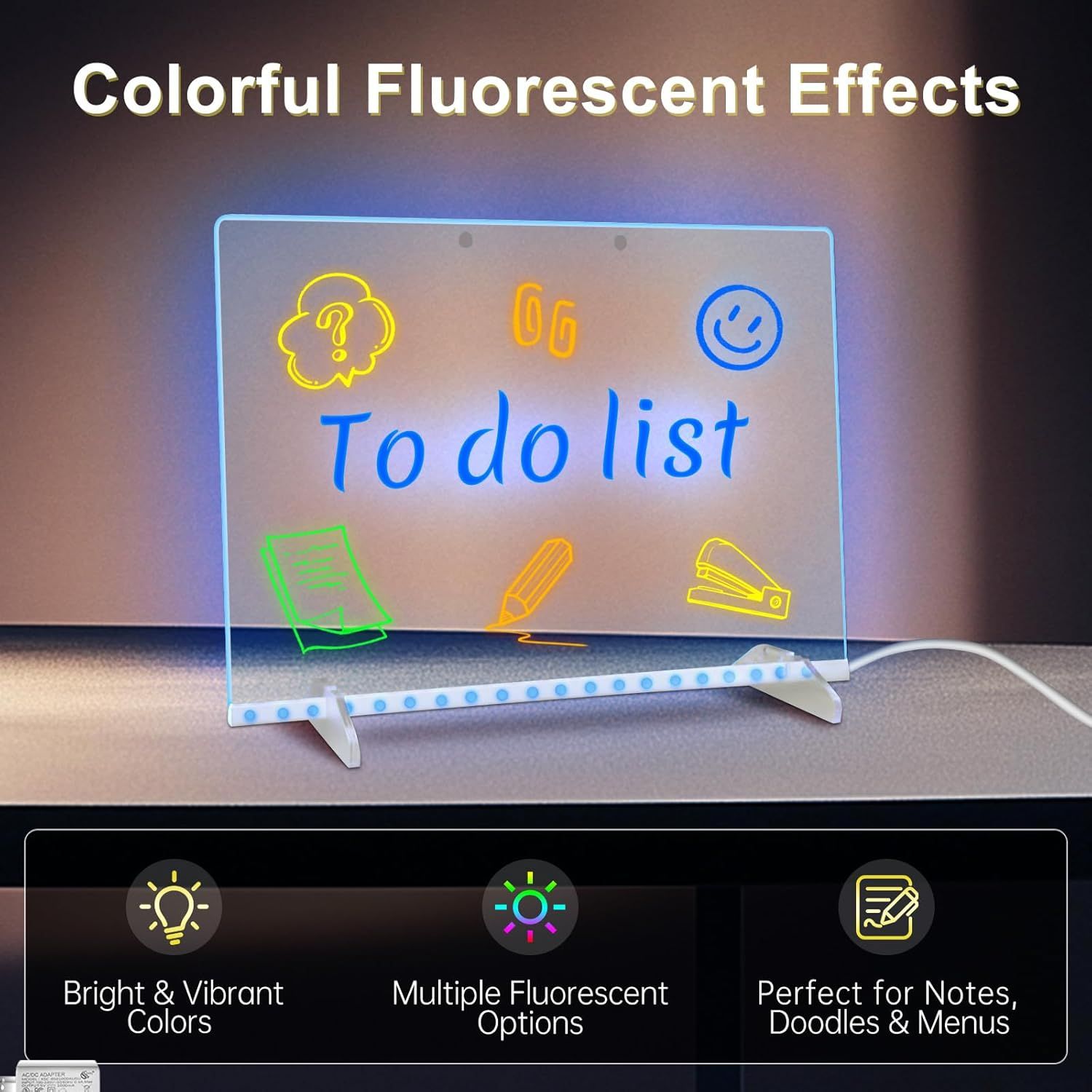 LED Light Up Drawing Board with 7 Highlight Markers & Stand, Erasable Acrylic Message Board for Kids Art, V1107-CS-ETSGFGB