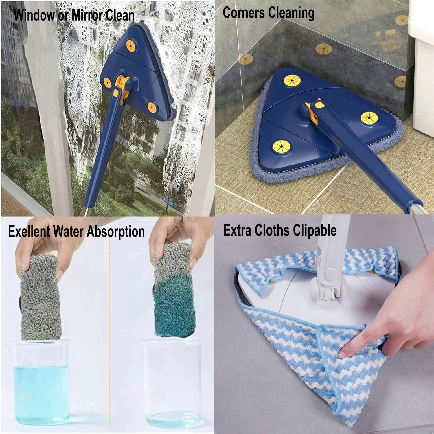 360 degrees Rotating Triangular Floor Mop with Auto-Squeeze System - Easy Twist, No-Hand Squeezing, Reusable V1107-CS-FSNTB