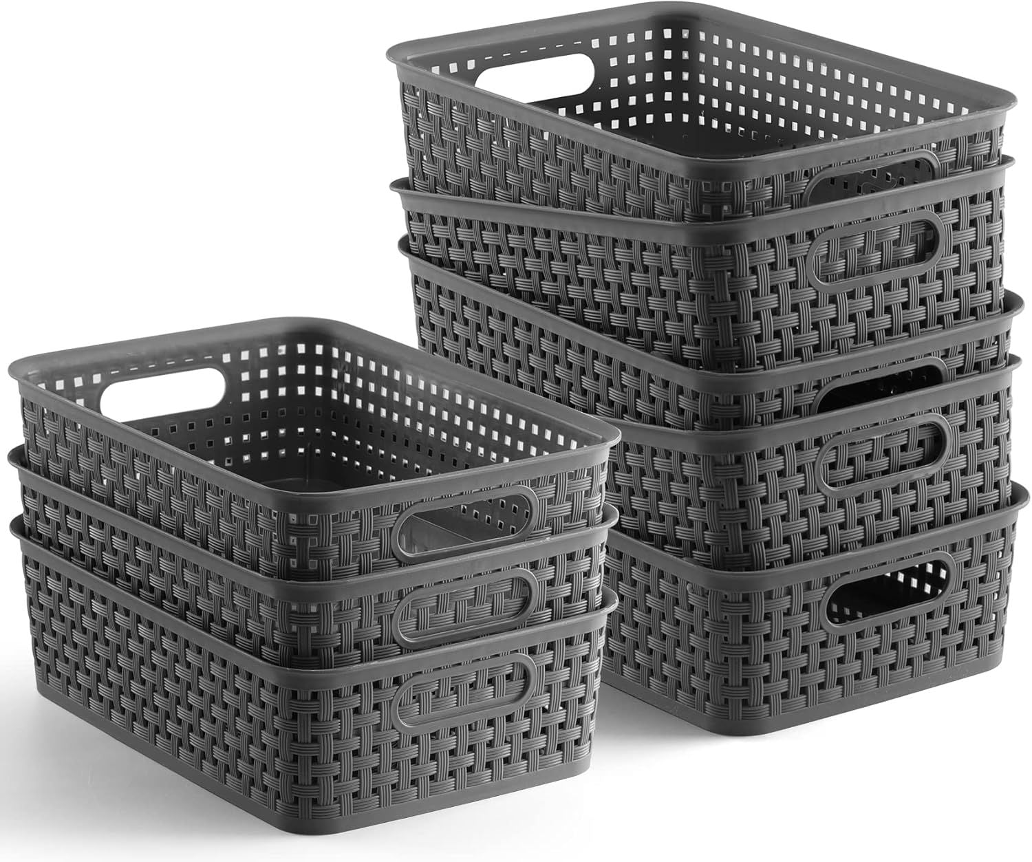 8-Pack Woven Plastic Storage Baskets for Bathroom Vanity, Kitchen Pantry & Office Desk Organization (Grey) V1107-CS-FTSNK