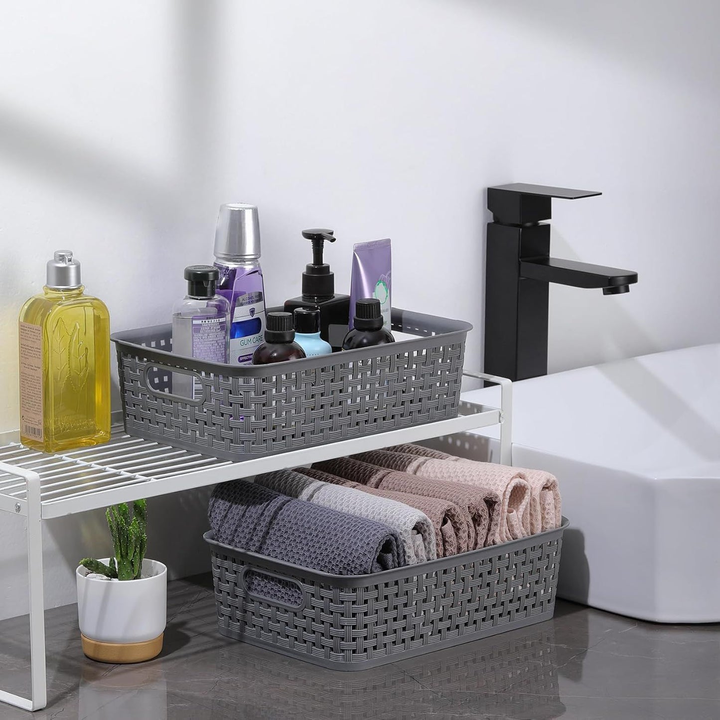 8-Pack Woven Plastic Storage Baskets for Bathroom Vanity, Kitchen Pantry & Office Desk Organization (Grey) V1107-CS-FTSNK