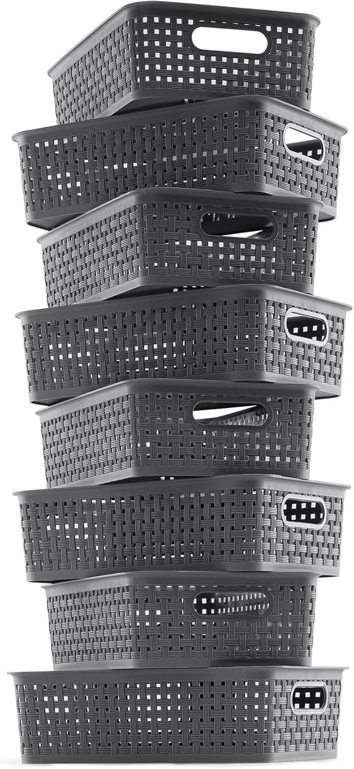 8-Pack Woven Plastic Storage Baskets for Bathroom Vanity, Kitchen Pantry & Office Desk Organization (Grey) V1107-CS-FTSNK