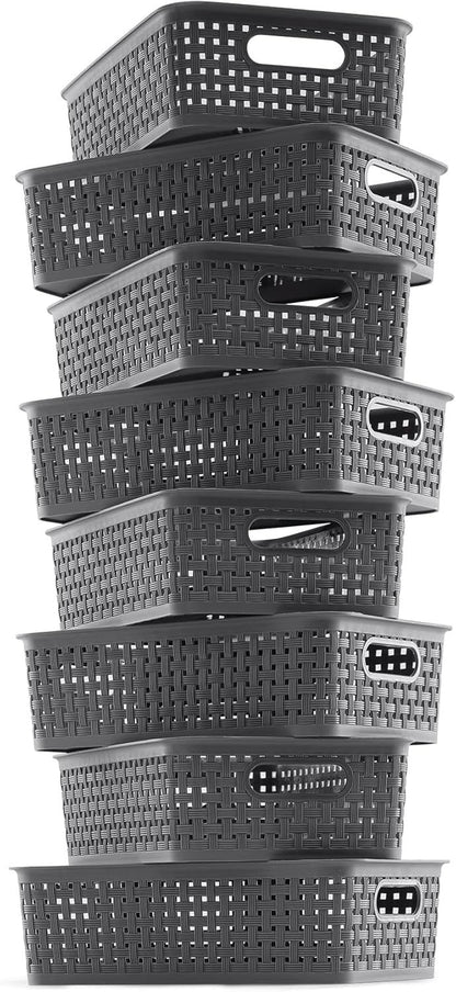 8-Pack Woven Plastic Storage Baskets for Bathroom Vanity, Kitchen Pantry & Office Desk Organization (Grey) V1107-CS-FTSNK