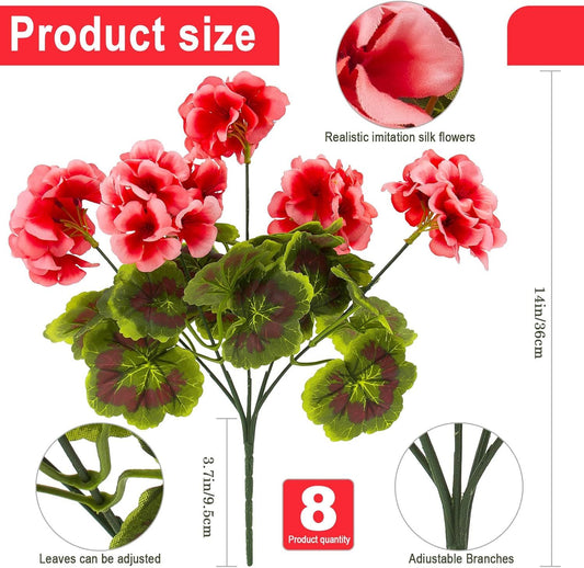 8 Pcs Artificial Red Geranium Silk Flowers for Outdoor Patio Garden & Indoor Home Decor (Pink) V1107-CS-FZTZKF