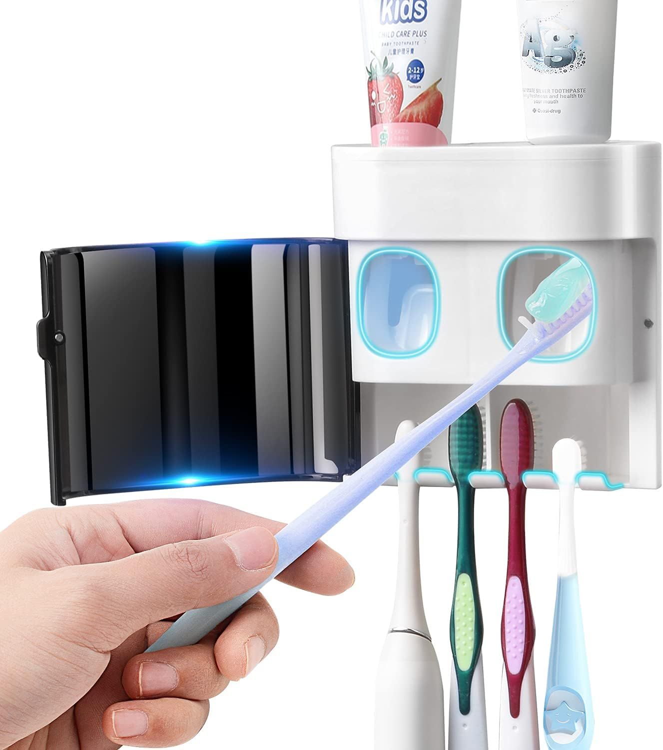 Wall-Mounted Toothbrush Holder & Automatic Toothpaste Dispenser with Magnetic Dust Cover for Family Bathroom V1107-CS-GBJYGQ