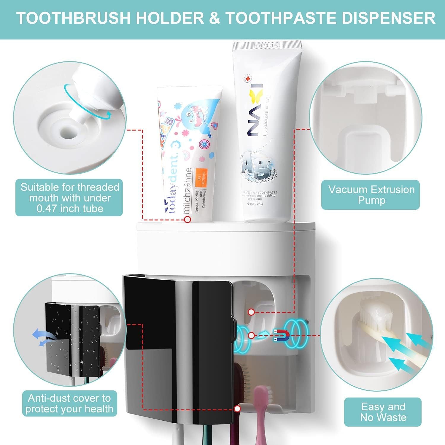 Wall-Mounted Toothbrush Holder & Automatic Toothpaste Dispenser with Magnetic Dust Cover for Family Bathroom V1107-CS-GBJYGQ
