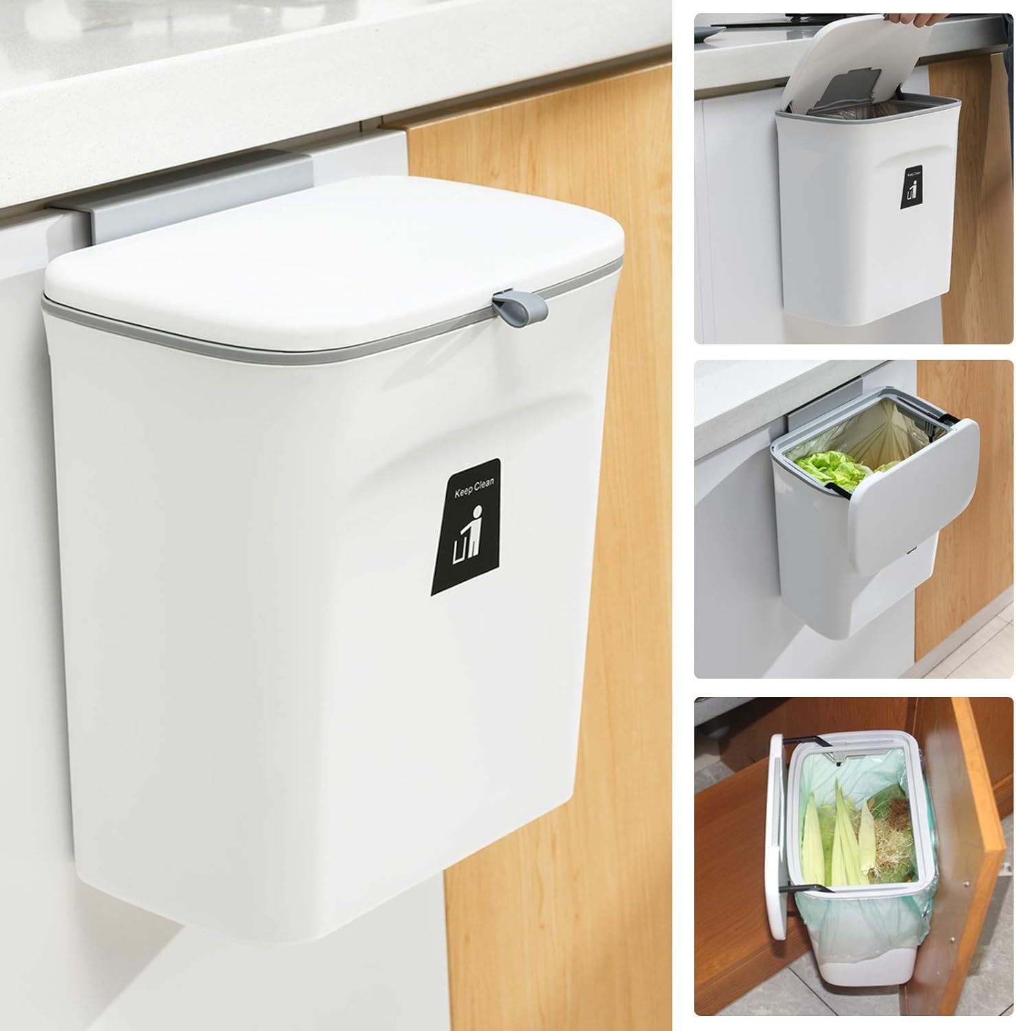 Hanging Kitchen Compost Bin with Lid for Cabinet Door or Wall, No-Drill Adhesive Mount, Odor-Proof & V1107-CS-GBSLJTB